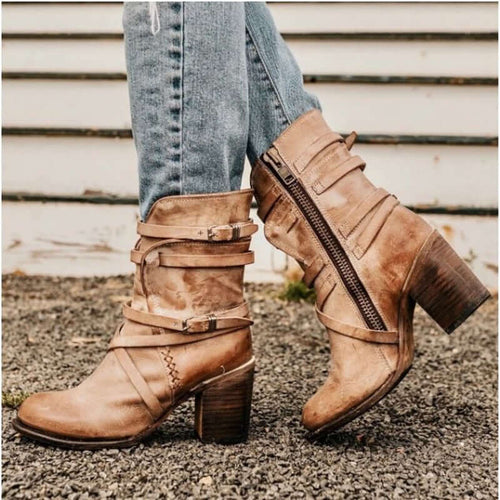 Bottines Femme à Sangles Boucles Talon Bloc Fermeture Éclair Casual Western - Hiverline