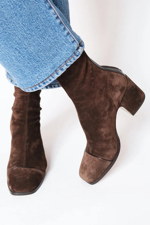 Bottines Femme à Talon Bloc Bout Carré en Suède Casual Bureau - Hiverline