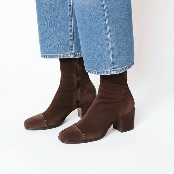Bottines Femme à Talon Bloc Bout Carré en Suède Casual Bureau - Hiverline