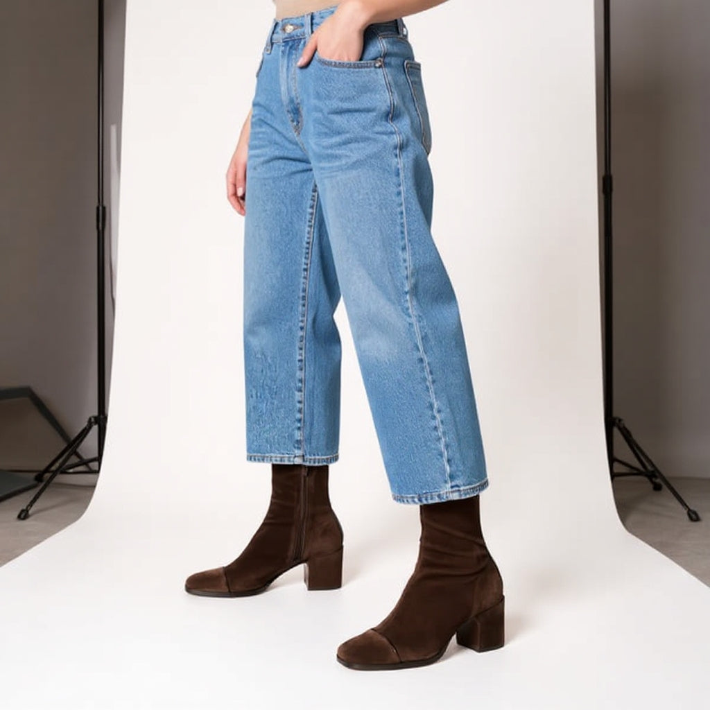 Bottines Femme à Talon Bloc Bout Carré en Suède Casual Bureau - Hiverline