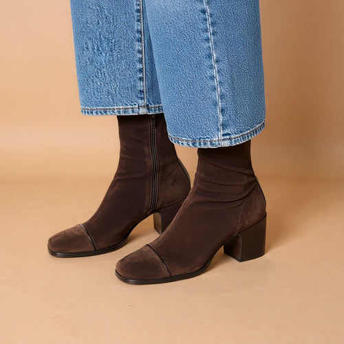 Bottines Femme à Talon Bloc Bout Carré en Suède Casual Bureau - Hiverline
