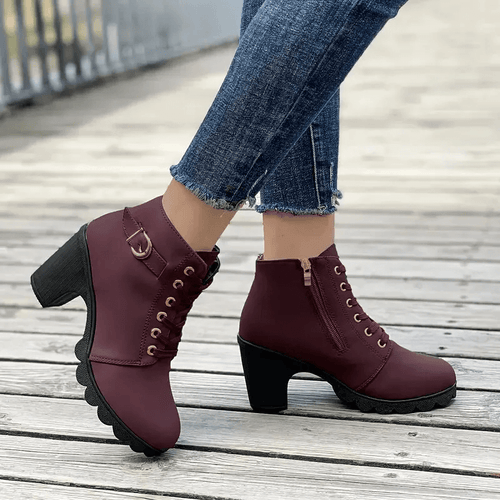 Bottines Femme à Talon Bloc Lacées avec Boucle et Fermeture Éclair Style Combat - Hiverline