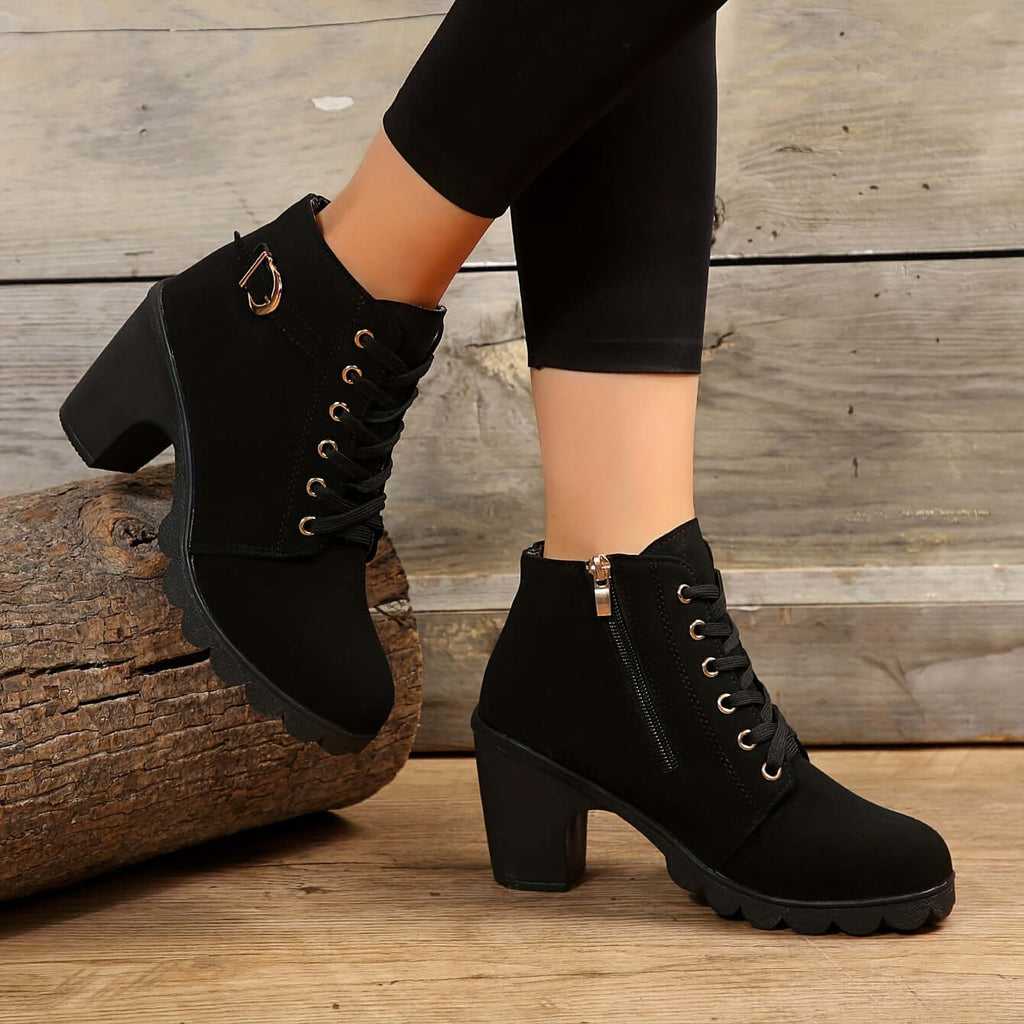 Bottines Femme à Talon Bloc Lacées avec Boucle et Fermeture Éclair Style Combat - Hiverline