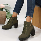 Bottines Femme à Talon Bloc Lacées avec Boucle et Fermeture Éclair Style Combat - Hiverline