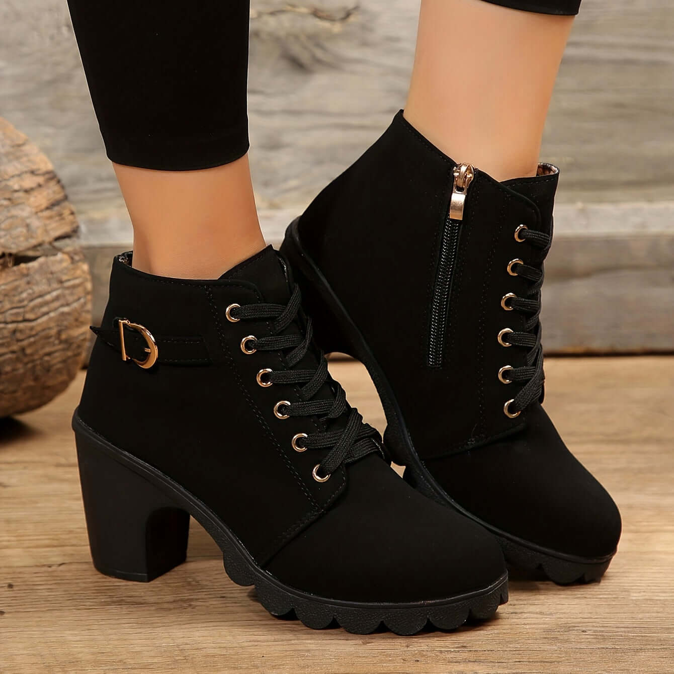Bottines Femme à Talon Bloc Lacées avec Boucle et Fermeture Éclair Style Combat - Hiverline