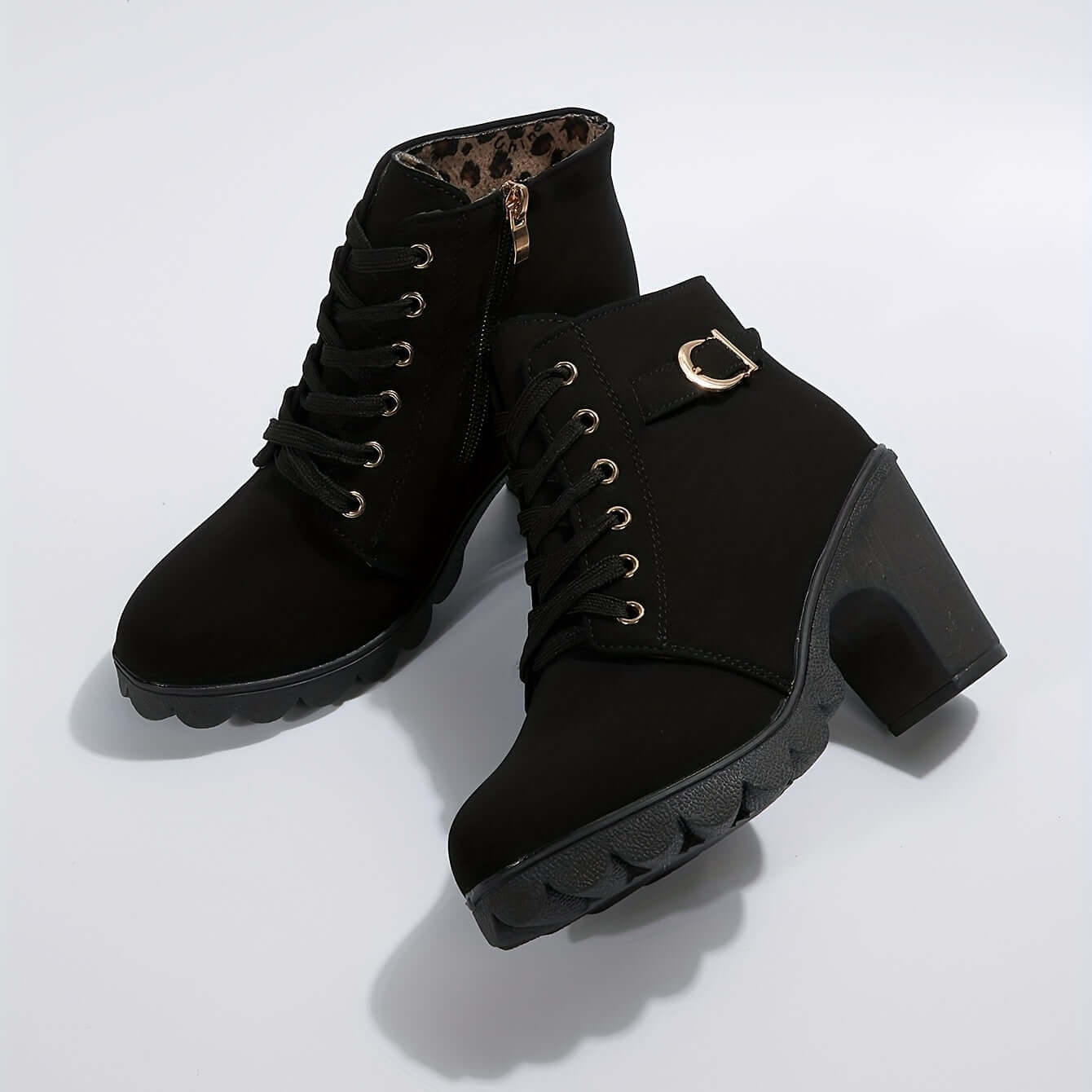 Bottines Femme à Talon Bloc Lacées avec Boucle et Fermeture Éclair Style Combat - Hiverline