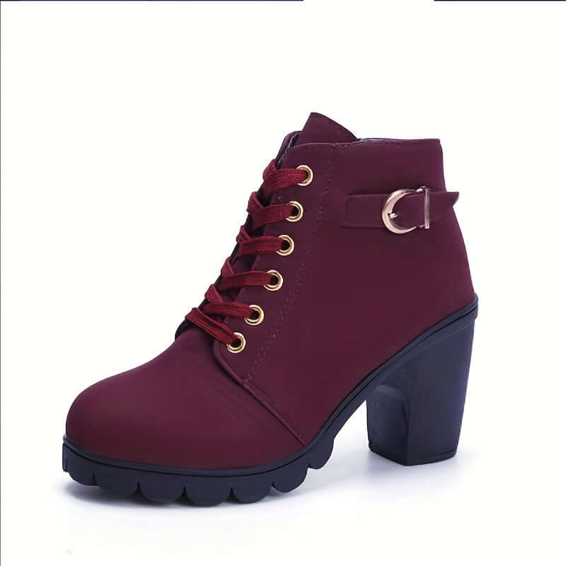 Bottines Femme à Talon Bloc Lacées avec Boucle et Fermeture Éclair Style Combat - Hiverline