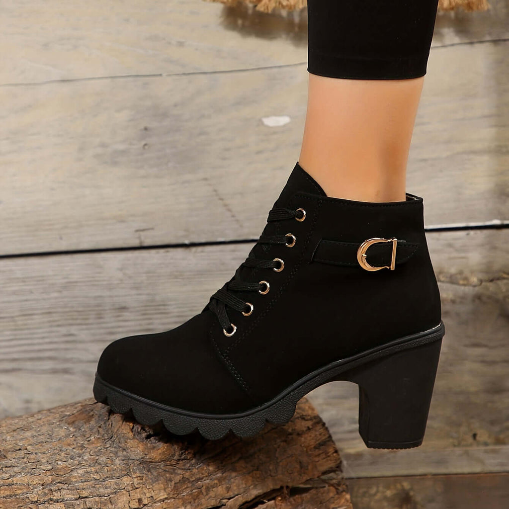 Bottines Femme à Talon Bloc Lacées avec Boucle et Fermeture Éclair Style Combat - Hiverline