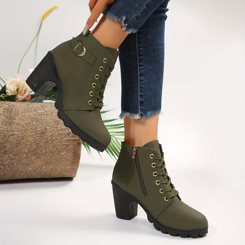 Bottines Femme à Talon Bloc Lacées avec Boucle et Fermeture Éclair Style Combat - Hiverline
