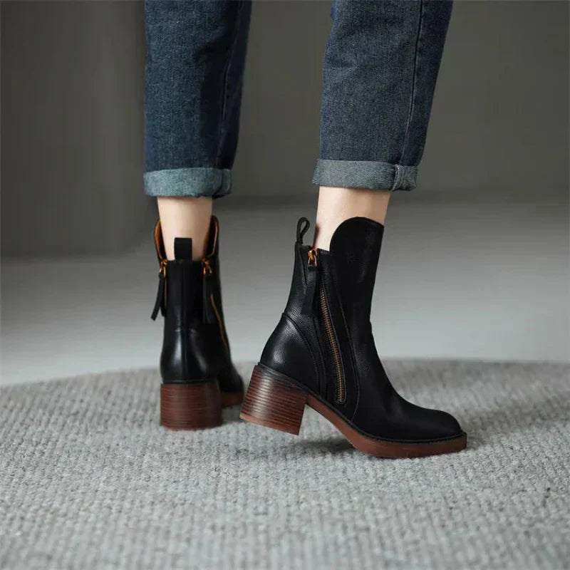 Bottines Femme à Talon Bloc Zippées Bout Rond Chelsea Style Casual Automne - Hiverline