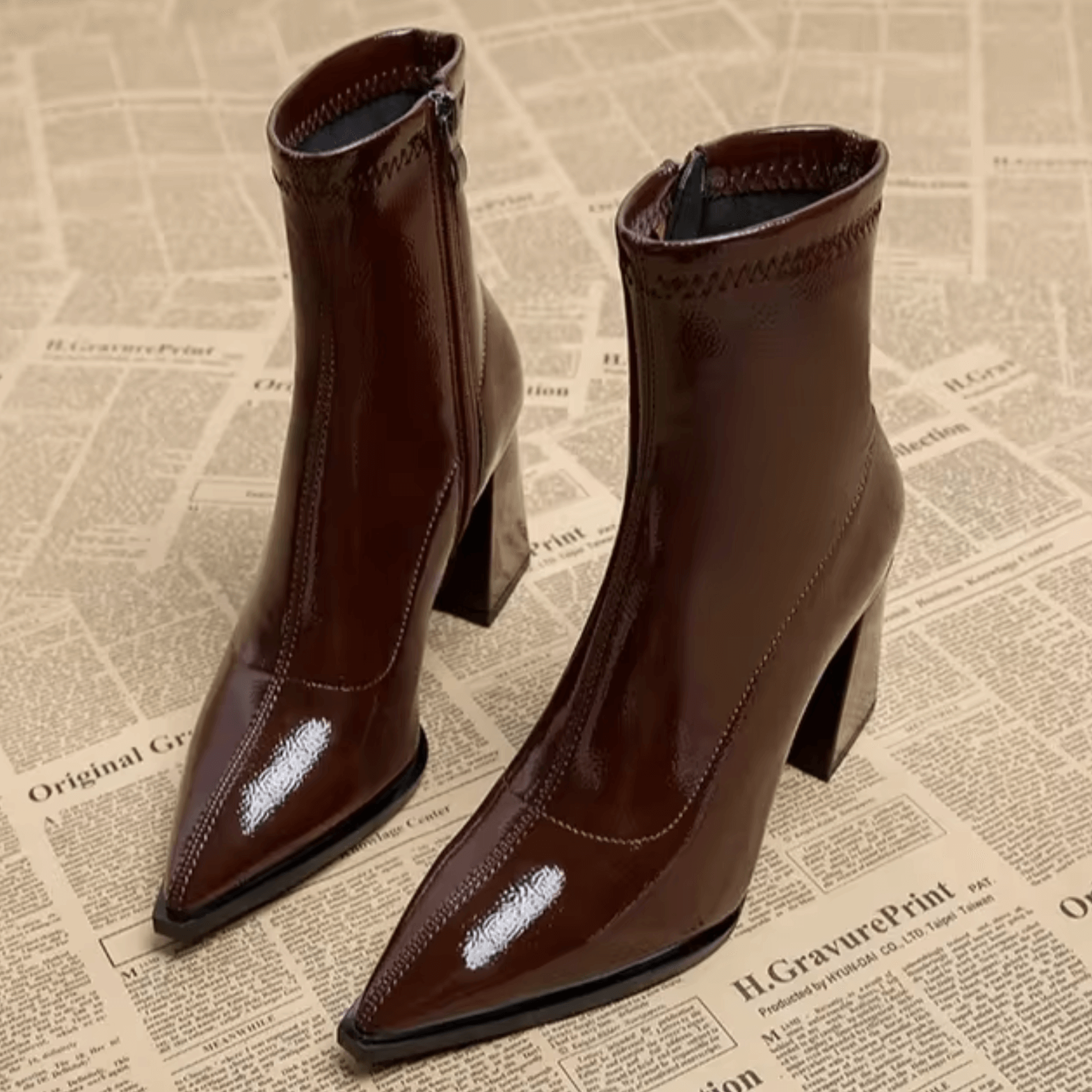 Bottines Femme à Talon Carré Bout Pointu Fermeture Éclair Mode Soirée - Hiverline