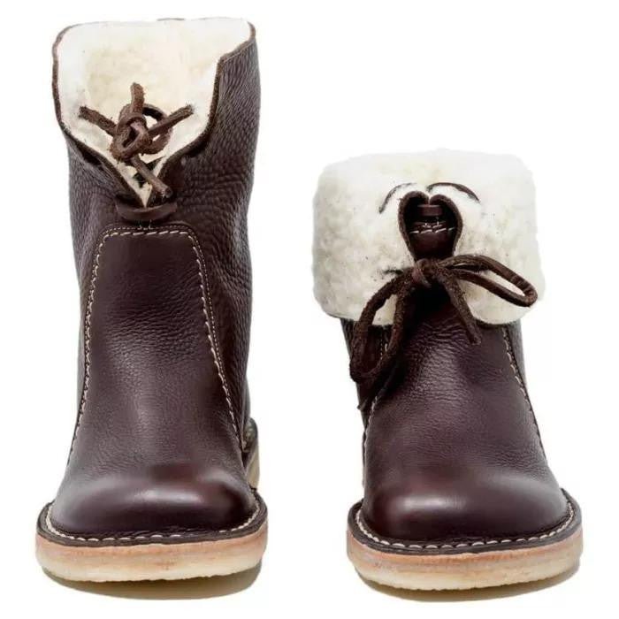 Bottines Fourrées Femme en Cuir Grainé Lacets Shearling Hiver - Hiverline