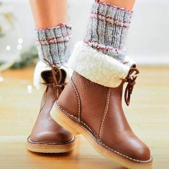 Bottines Fourrées Femme en Cuir Grainé Lacets Shearling Hiver - Hiverline