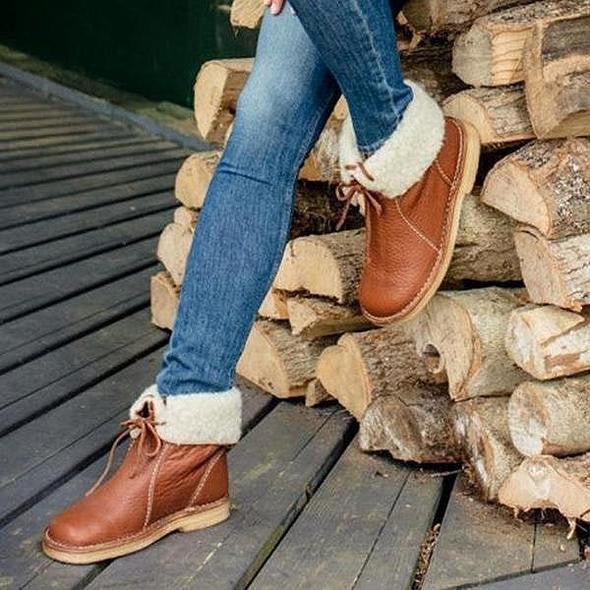 Bottines Fourrées Femme en Cuir Grainé Lacets Shearling Hiver - Hiverline