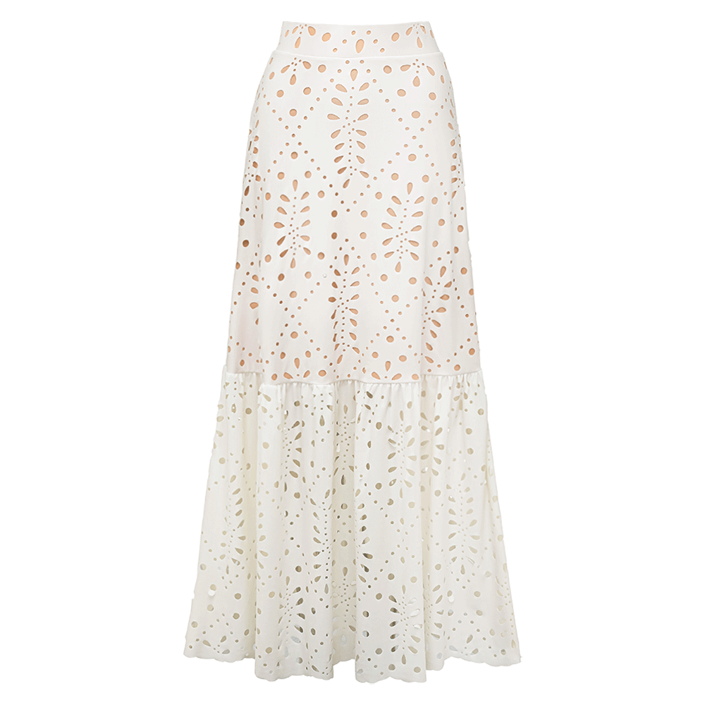 Ensemble Maillot de Bain Une Pièce Col V Découpe Laser Florale Jupe Maxi Blanc Resort Plage Lune de Miel Soirée – Laceline