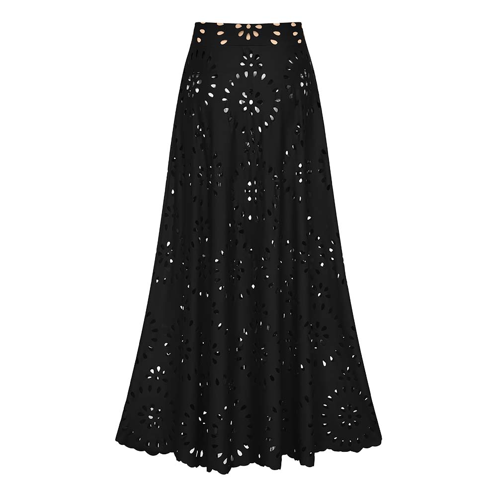 Maillot de Bain Une Pièce à Découpes Florales Au laser Pour Femmes & Ensemble Jupe Longue à Décolleté En V – Noir
