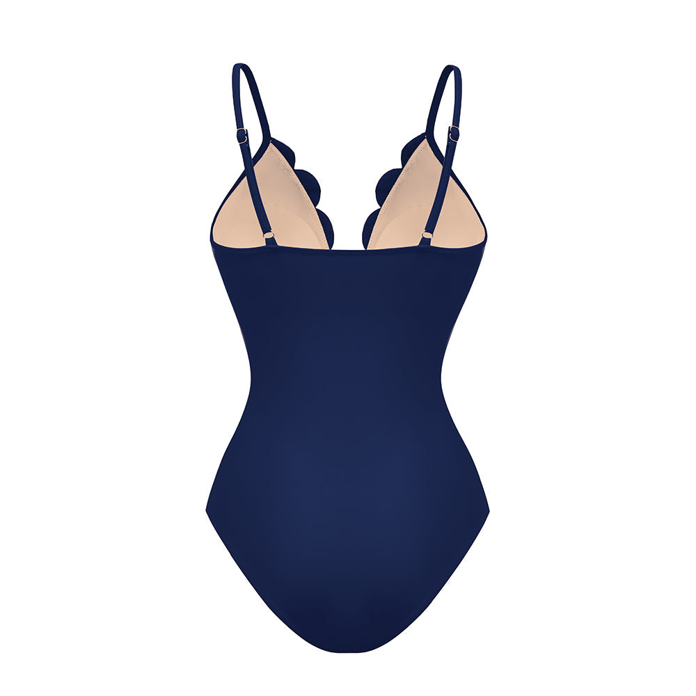Maillot de bain une pièce en dentelle laser à fleurs creuses pour femmes avec jupe de couverture - Bleu marine