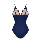 Maillot de bain une pièce en dentelle laser à fleurs creuses pour femmes avec jupe de couverture - Bleu marine