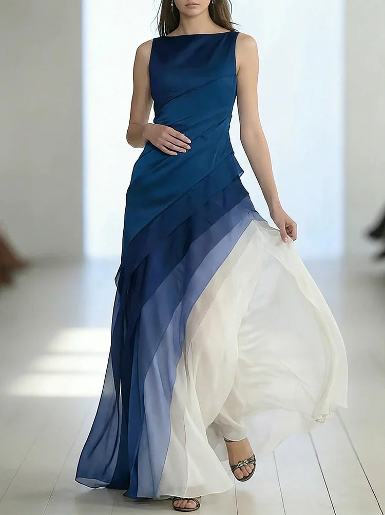 Robe Longue Sans Manches en Tulle Patchwork Taille Haute Jupe Éthérée Soirée Formelle Mariage Gala Événement – Bleu Marine et Noir