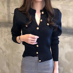 Cardigan Femme à Manches Longues Pull Court Tricoté Boutons Dorés Style Coréen Casual - Hiverline