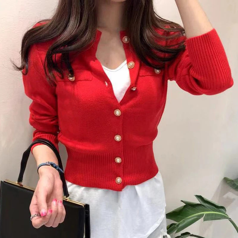 Cardigan Femme à Manches Longues Pull Court Tricoté Boutons Dorés Style Coréen Casual - Hiverline