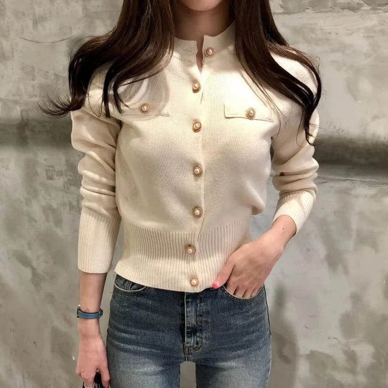 Cardigan Femme à Manches Longues Pull Court Tricoté Boutons Dorés Style Coréen Casual - Hiverline