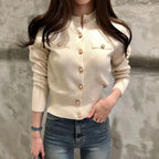 Cardigan Femme à Manches Longues Pull Court Tricoté Boutons Dorés Style Coréen Casual - Hiverline