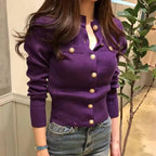 Cardigan Femme à Manches Longues Pull Court Tricoté Boutons Dorés Style Coréen Casual - Hiverline