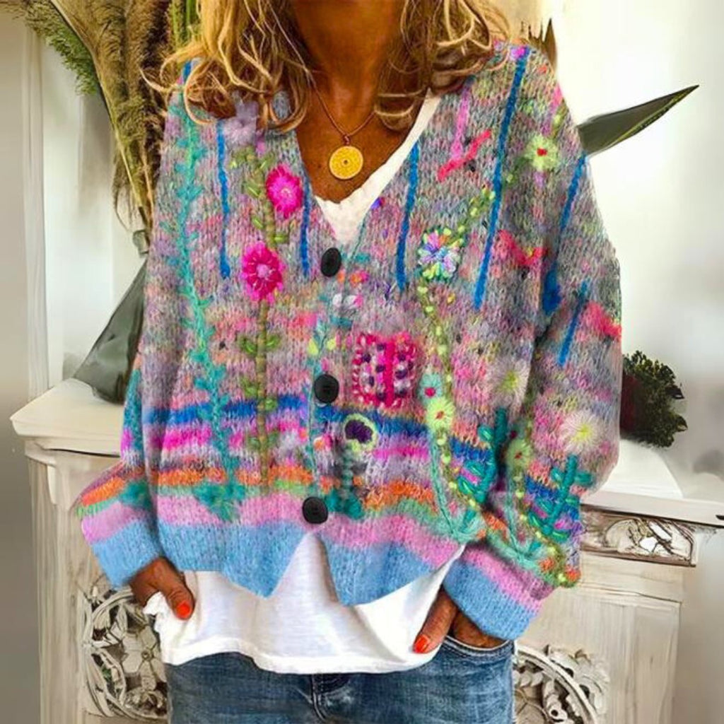 Cardigan Femme Boutons Avant Col en V Broderie Florale Tricot Oversize Bohème Printemps - Hiverline
