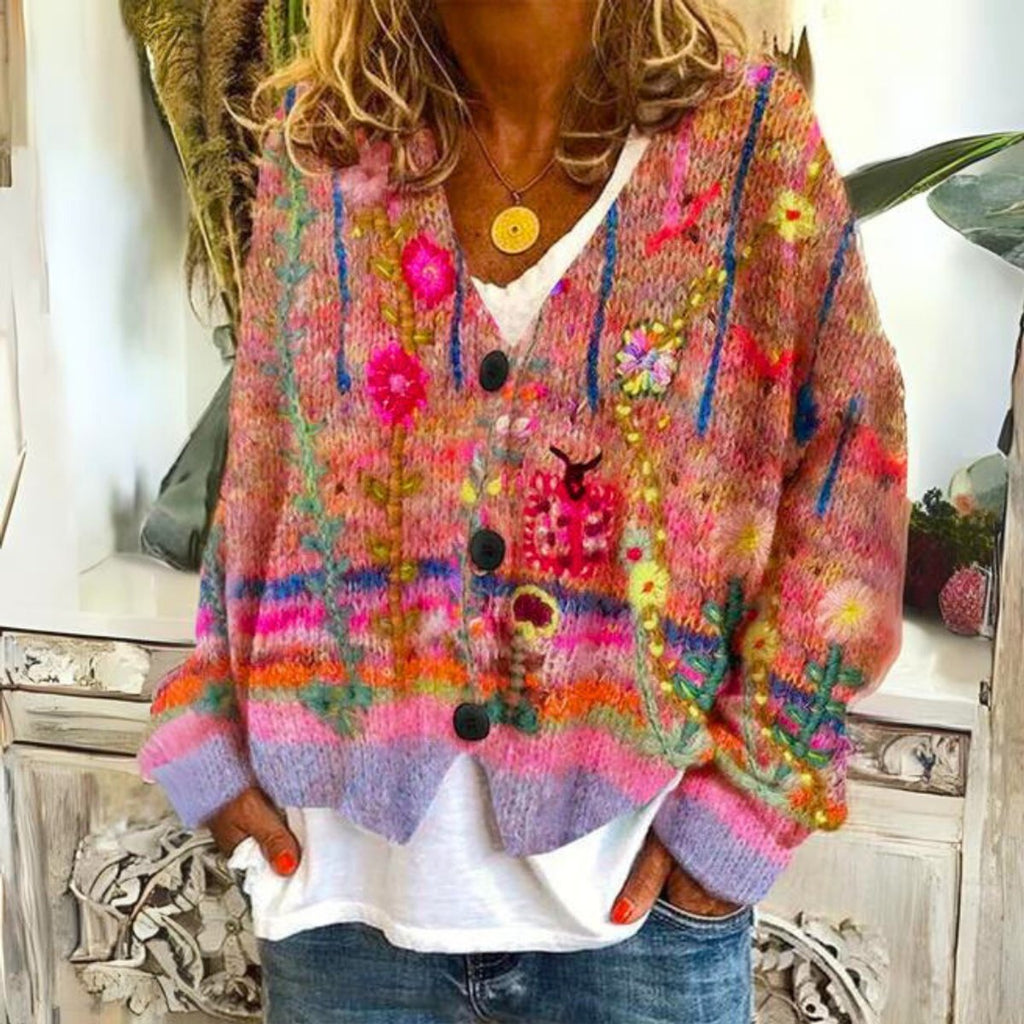 Cardigan Femme Boutons Avant Col en V Broderie Florale Tricot Oversize Bohème Printemps - Hiverline