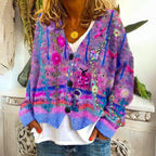 Cardigan Femme Boutons Avant Col en V Broderie Florale Tricot Oversize Bohème Printemps - Hiverline
