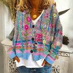 Cardigan Femme Col en V Broderies Florales Rayures Multicolores - Hiverline