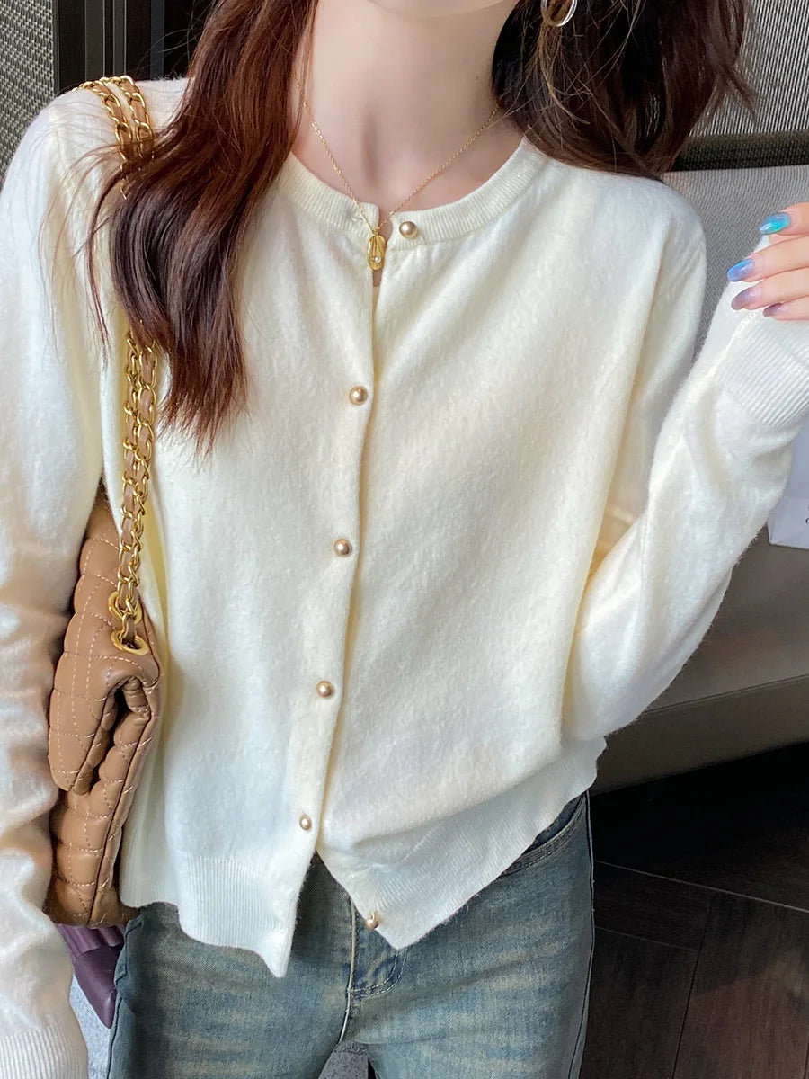 Cardigan Femme Col Rond Boutons Dorés Manches Longues Style Coréen Casual - Hiverline