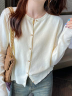 Cardigan Femme Col Rond Boutons Dorés Manches Longues Style Coréen Casual - Hiverline