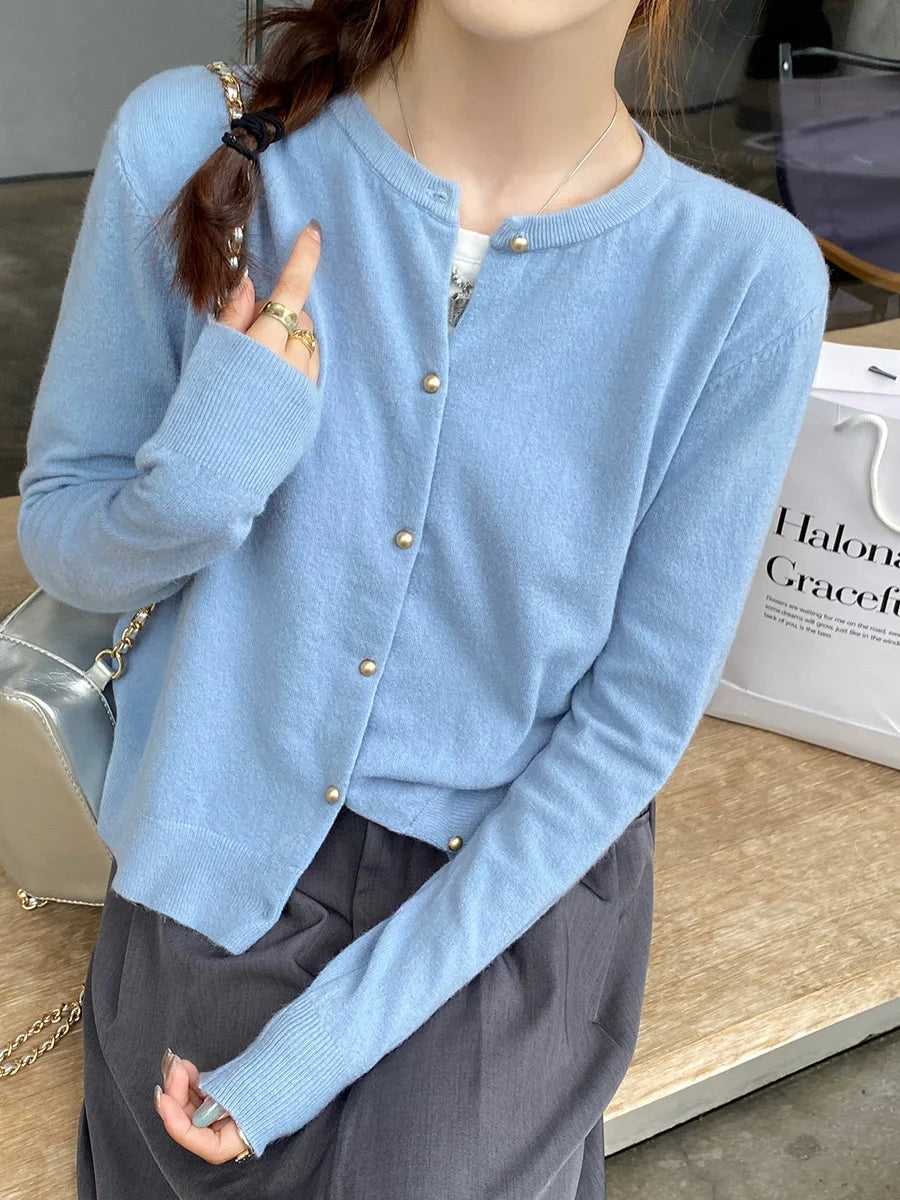 Cardigan Femme Col Rond Boutons Dorés Manches Longues Style Coréen Casual - Hiverline