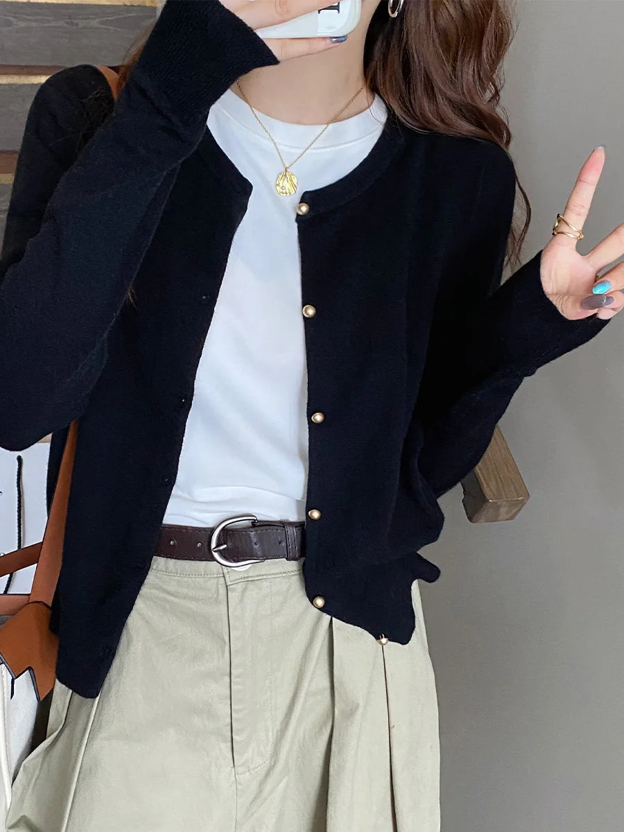Cardigan Femme Col Rond Boutons Dorés Manches Longues Style Coréen Casual - Hiverline