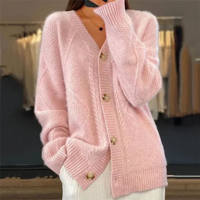 Cardigan Femme Col V Boutonné Maille Torsadée Oversize - Hiverline