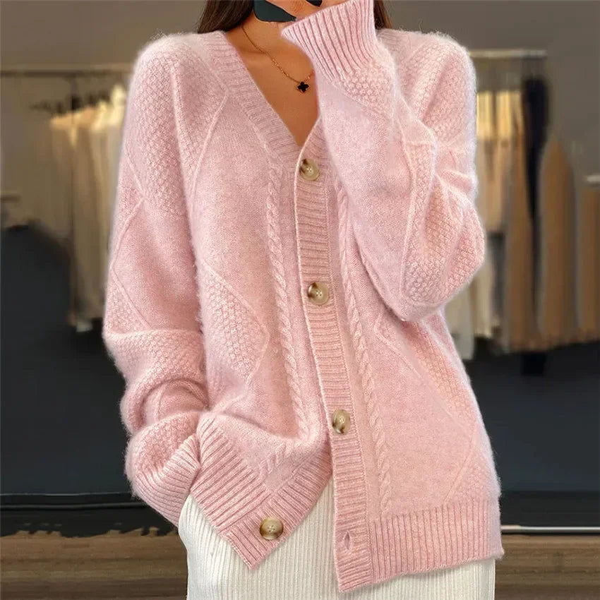 Cardigan Femme Col V Boutonné Maille Torsadée Oversize - Hiverline
