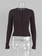 Cardigan Femme Manches Longues Côtelé Court Boutonné Casual Automne - Hiverline