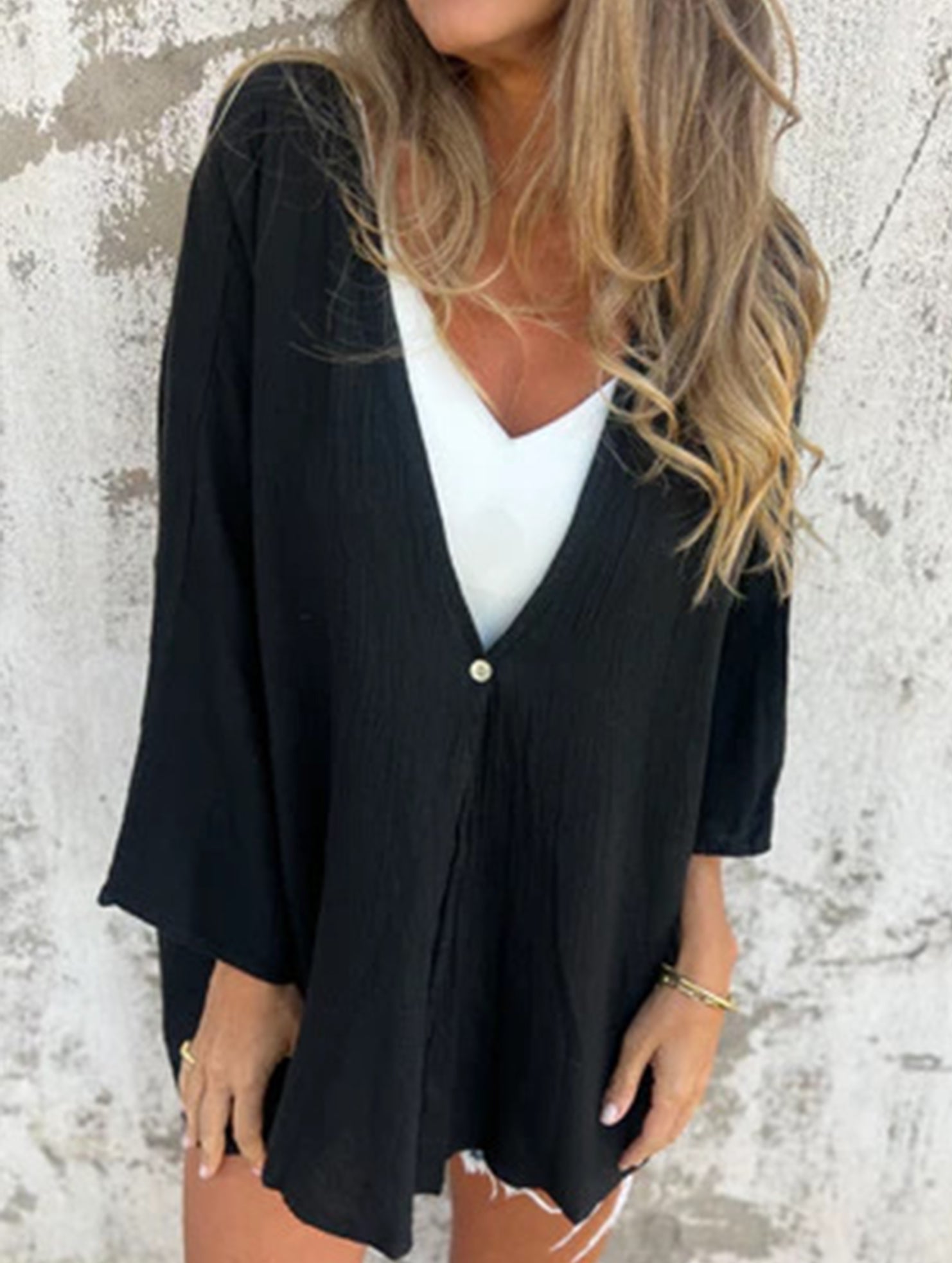 Cardigan Femme Ouvert Col V Loose Manches Mi-Longues Casual Superposition Quotidienne - Hiverline