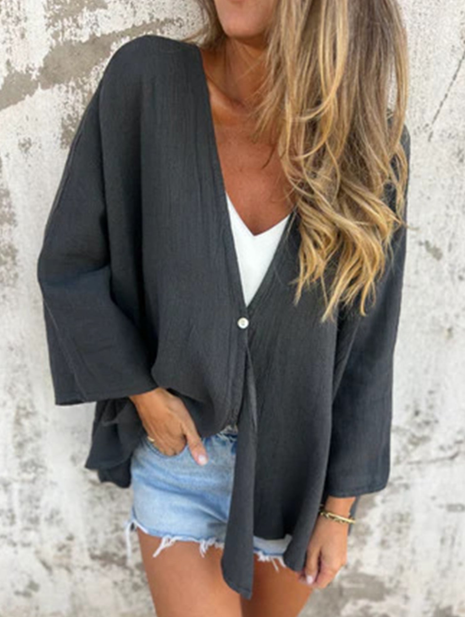 Cardigan Femme Ouvert Col V Loose Manches Mi-Longues Casual Superposition Quotidienne - Hiverline