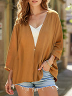 Cardigan Femme Ouvert Col V Loose Manches Mi-Longues Casual Superposition Quotidienne - Hiverline