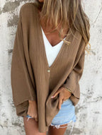 Cardigan Femme Ouvert Col V Loose Manches Mi-Longues Casual Superposition Quotidienne - Hiverline