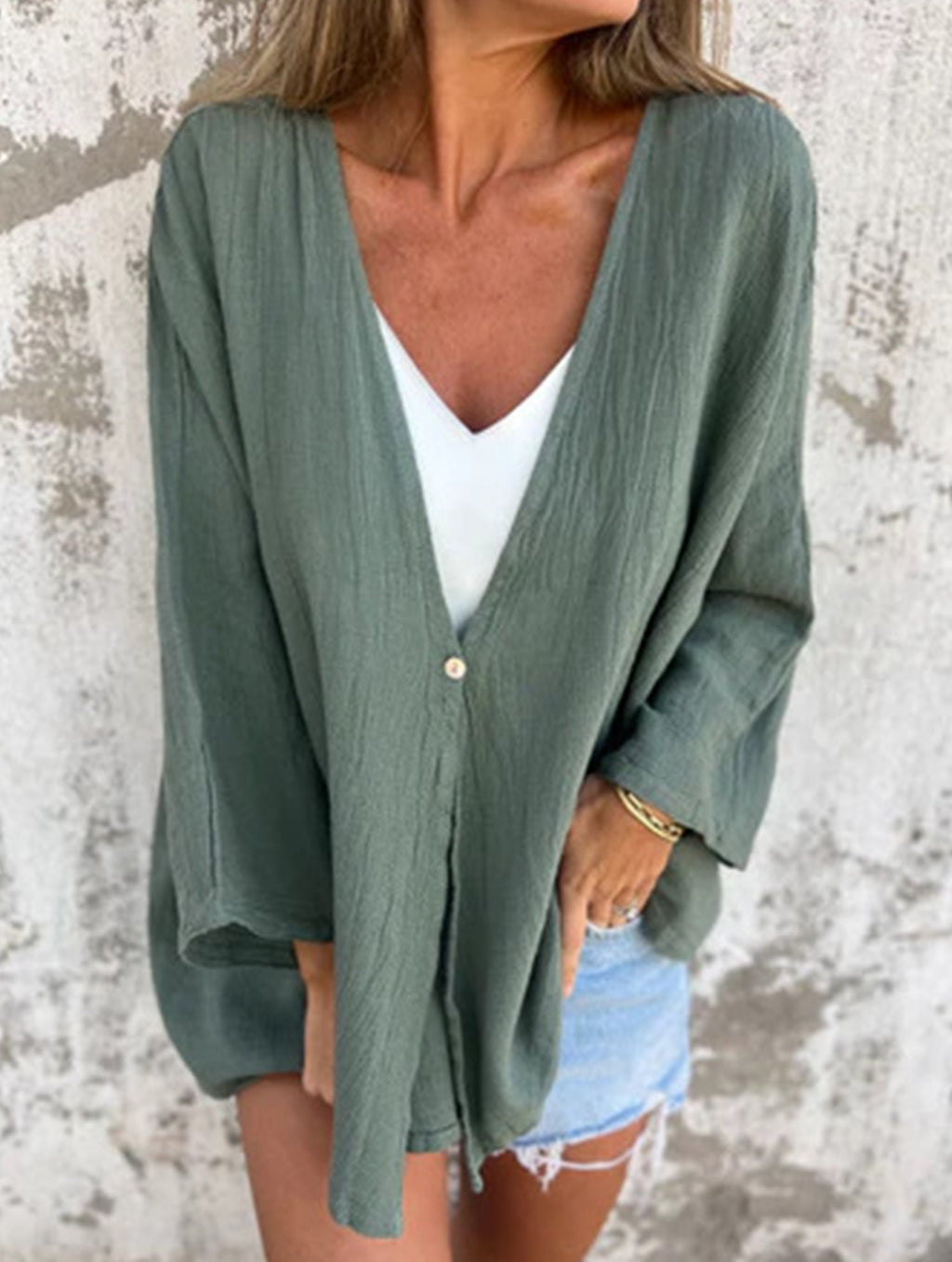 Cardigan Femme Ouvert Col V Loose Manches Mi-Longues Casual Superposition Quotidienne - Hiverline