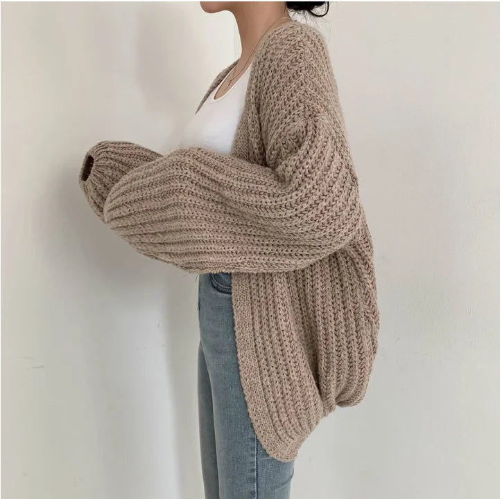 Cardigan Femme Oversize Tricoté Grosse Maille Manches Bouffantes Style Coréen Automne Hiver - Hiverline