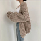 Cardigan Femme Oversize Tricoté Grosse Maille Manches Bouffantes Style Coréen Automne Hiver - Hiverline