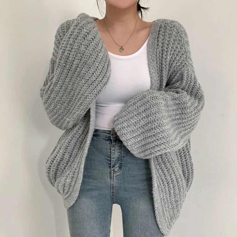 Cardigan Femme Oversize Tricoté Grosse Maille Manches Bouffantes Style Coréen Automne Hiver - Hiverline