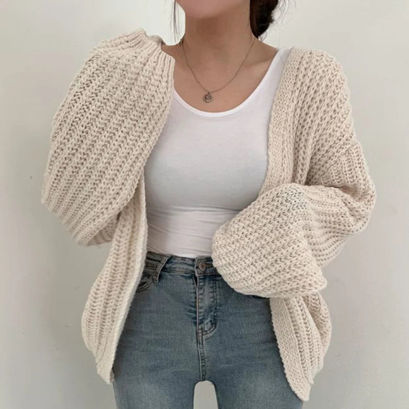 Cardigan Femme Oversize Tricoté Grosse Maille Manches Bouffantes Style Coréen Automne Hiver - Hiverline
