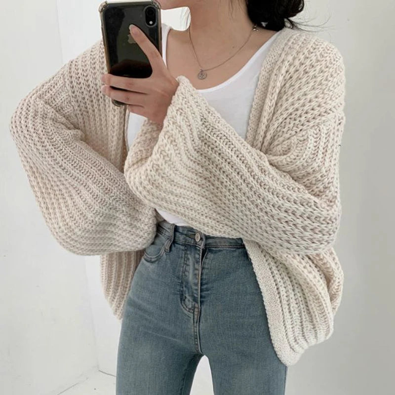 Cardigan Femme Oversize Tricoté Grosse Maille Manches Bouffantes Style Coréen Automne Hiver - Hiverline