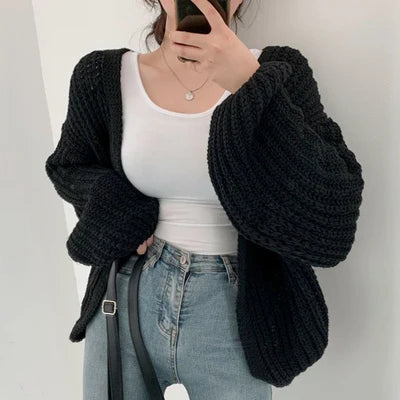 Cardigan Femme Oversize Tricoté Grosse Maille Manches Bouffantes Style Coréen Automne Hiver - Hiverline